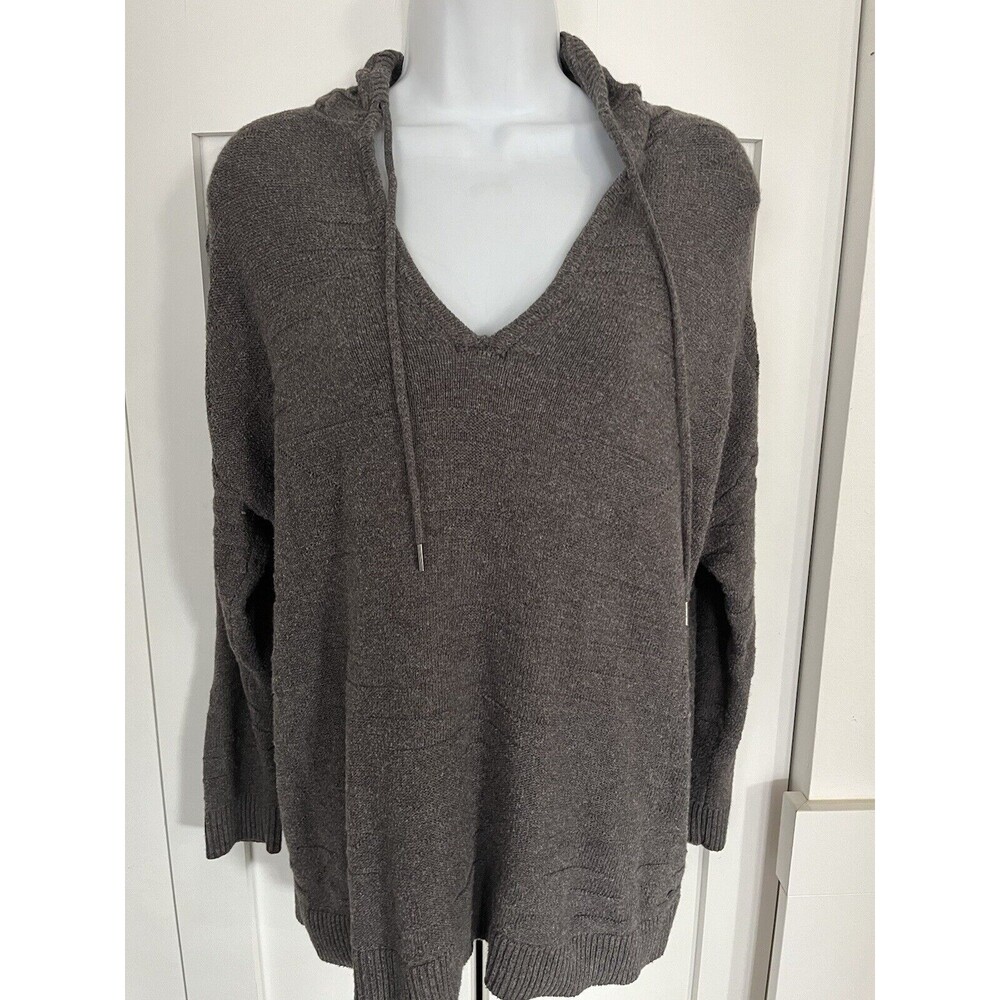 American Eagle AEO Womens Hoodie Sweater Brown Knit V-Neck Drawstring Pullover L